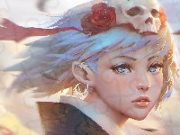 Elf, Róża, Grafika, Dziewczyna, Czaszka