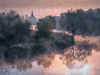 Drzewa, Suzdal, Rosja, Cerkiew, Rzeka Kamienka, Mgła, Obwód włodzimierski