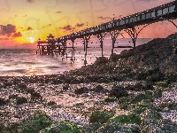 Kamienie, Molo Clevedon Pier, Anglia, Rzeka Severn, Wschód słońca, Clevedon