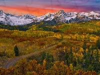 Jesień, San Juan Mountains, Droga, Zachód słońca, Stany Zjednoczone, Drzewa, Góry, Lasy, Kolorado