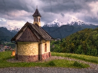 Chmury, Lasy, Bawaria, Alpy, Niemcy, Kirchleitn Kapelle, Domy, Góry, Kapliczka, Berchtesgaden