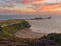 Plaża Rhossili, Morze, Walia, Wybrzeże, Wrzosy, Wioska Pitton