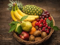 Kiwi, Deski, Czereśnie, Koszyk, Jabłko, Banan, Winogrona, Owoce, Ananas, Gruszka