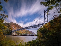 Most Bear Mountain Bridge, Stany Zjednoczone, Niebo, Purple Heart Veterans Memorial Bridge, Góry, Rzeka Hudson River, Drzewa, Nowy Jork