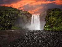 Rzeka Skoga, Góra, Islandia, Wodospad Skogafoss, Zachód słońca