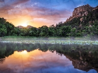 Las, Jezioro, Arizona, Góry, Stany Zjednoczone, Granite Basin Lake, Drzewa, Zachód słońca, Zbiornik, Prescott National Forest