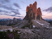 Tre Cime di Lavaredo, Góry, Włochy, Dolomity, Masyw, Zachód słońca