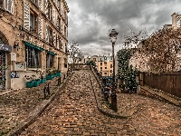 Bruk, Dzielnica Montmartre, Francja, Latarnia, Ulica, Domy, Paryż