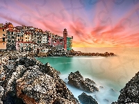 Wybrzeże, Włochy, Tellaro, Skały, Zachód słońca, Morze Liguryjskie, Domy, Liguria
