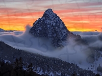 Mgła, Alpy, Szwajcaria, Góry, Góra Grosser Mythen, Zachód słońca