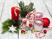 Bombki, Słoiczki, Świąteczna dekoracja, Świece, Świerk, Szyszki, Boże Narodzenie