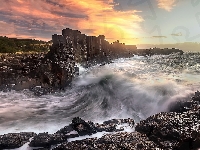 Formacja skalna, Morze, Drzewa, Bombo, Australia, Skały, Zachód słońca, Bombo Headland Quarry, Kiama