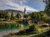 Most, Gmina Bohinj, Drzewa, Słowenia, Kościół św. Jana, Jezioro Bohinj