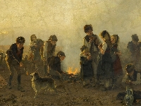 Friedrich Hiddemann, Obraz, Chłopcy, Pole, Ziemniaki, Dziewczynki, Malarstwo, Dzieci, Ognisko