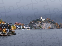 Jesień, Skała, Austria, Jezioro Traunsee, Kościół w Traunkirchen, Domy