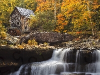 Most, Glade Creek Grist Mill, Skała, Park Babcock State, Stany Zjednoczone, Rzeka New River Gorge, Młyn, Jesień, Wirginia Zachodnia