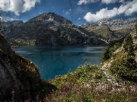 Jezioro Lac dEmosson, Chmury, Szwajcaria, Trawa, Góry Alpy, Świerki, Kanton Valais