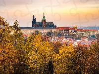 Czechy, Jesień, Hradczany, Panorama, Katedra Świętych Wita Wacława i Wojciecha, Praga, Zamek Na Hradczanach, Domy