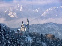 Region Allgäu, Zamek Neuschwanstein, Las, Gmina Schwangau, Mgła, Niemcy, Drzewa, Góry Alpy, Bawaria, Zima, Ośnieżone