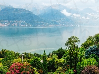 Drzewa, Jezioro Como, Włochy, Kwiaty, Góry, Ogród, Lombardia