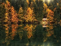 Jesień, Włochy, Domek, Drzewa, Odbicie, Jezioro Fusine Lake, Lasy, Prowincja Udine