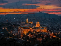 Wzgórza, Oświetlony, Węgry, Zachód słońca, Zamek Królewski, Budapeszt
