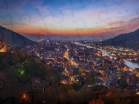 Heidelberg, Niemcy, Drzewa, Zachód słońca, Zamek, Miasto, Rzeka Neckar, Badenia-Wirtembergia