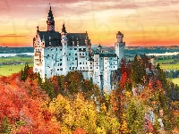 Drzewa, Bawaria, Wzgórza, Niemcy, Zamek Neuschwanstein, Jesień
