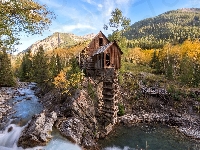 Młyn Crystal Mill, Drzewa, Stany Zjednoczone, Skały, Jesień, Rzeka Crystal River, Kolorado