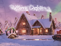 Dekoracje, Boże Narodzenie, Świerki, Śnieg, Grafika, Napis, Domy, Zima, Życzenia, Most