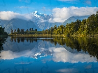 Drzewa, Góry, Park Narodowy Góry Cooka, Nowa Zelandia, Jezioro Lake Matheson, Odbicie