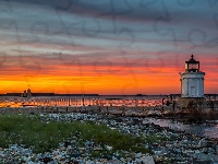 Zatoka Casco Bay, South Portland, Stany Zjednoczone, Zachód słońca, Latarnia morska Bug Light, Morze, Stan Maine