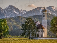 Alpy, Region Allgau, Niemcy, Drzewa, Góry, Kościół Eglise Saint Coloman, Bawaria