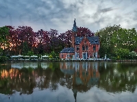 Jezioro Lake of Love, Dom, Belgia, Restauracja Kasteel Minnewater, Drzewa, Brugia