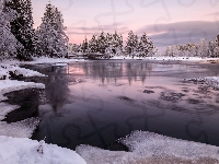 Ośnieżone, Rzeka Oulujoki, Finlandia, Most, Zima, Drzewa, Oulu