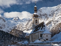 Park Narodowy Berchtesgaden, Bawaria, Ośnieżone, Góry Alpy, Zima, Kościół św. Sebastiana, Niemcy, Ramsau bei Berchtesgaden, Drzewa