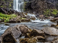 Park Narodowy Thingvellir, Rośliny, Skały, Obszar Þingvellir, Rzeka Oxara, Wodospad Oxararfoss, Islandia, Kamienie