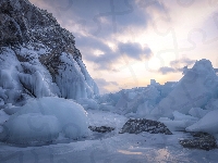 Jezioro Bajkał, Lód, Rosja, Zima, Skała, Wyspa Elenka