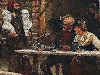 Dzbanek, Carl Gustaf Hellqvist, Mężczyźni, Obraz, Posągi, Stolik, Kufle, Malarstwo, Karczma, Kobieta