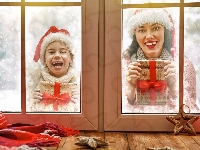 Kobieta, Prezenty, Śnieg, Okno, Boże Narodzenie, Dziecko, Czapki