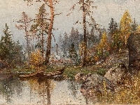 Łódki, Kamienie, Hjalmar Munsterhjelm, Las, Jezioro, Drzewa, Malarstwo