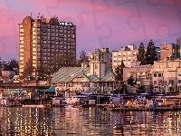 Wyspa Vancouver, Odbicie, Wieczór, Miasto Nanaimo, Rzeka, Kanada, Domy, Światła