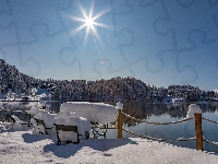 Styria, Zima, Domy, Jezioro Turracher See, Lasy, Austria, Wzgórza, Promienie słońca