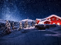 Dom, Drzewa, Gwiazdy, Zaspy, Oświetlony, Zima, Noc