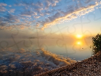 Steinberger See, Niemcy, Trzciny, Wschód słońca, Chmury, Jezioro, Mgła, Bawaria