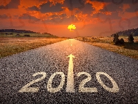 Chmury, Nowy Rok, Cyfry, Droga, Zachód słońca, Drzewa, 2020