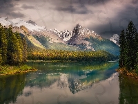 Jezioro Maligne, Góry, Kanada, Drzewa, Park Narodowy Jasper, Lasy, Prowincja Alberta