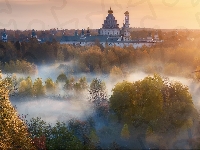 Wiatrak, Monaster Zmartwychwstania Pańskiego, Obwód moskiewski, Cerkiew, Rosja, Lasy, Mgła, Jesień, Nowe Jeruzalem, Istra