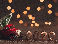 Cyfry, Samochód, Bokeh, Czerwony, Nowy Rok, 2020, Choinka