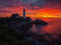 Zatoka Casco, Stany Zjednoczone, Skały, Cape Elizabeth, Morze, Latarnia morska Portland Head Light, Wschód słońca, Stan Maine